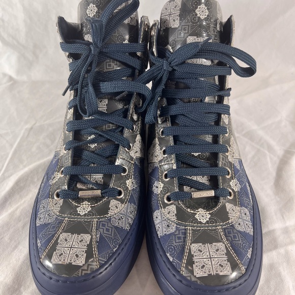 JIMMY CHOO Navy Blue Pattern Canvas Leather High Top Sneakers Marked as 45 12US - Picture 5 of 15